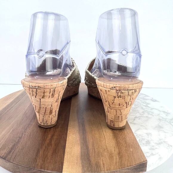 Jack Rogers Leather Gold Slip on Whipstitch Mid Stacked Cork Wedge Sandals 8 - Picture 6 of 10